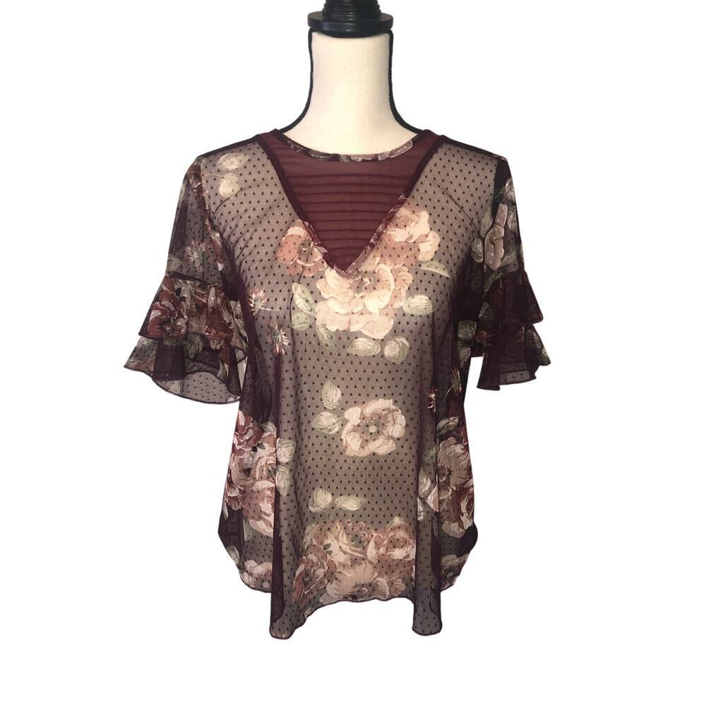 Whimsigoth Top Sheer Ruffle Floral Dot Wine Maroon Fairycore Size M/L Romantic